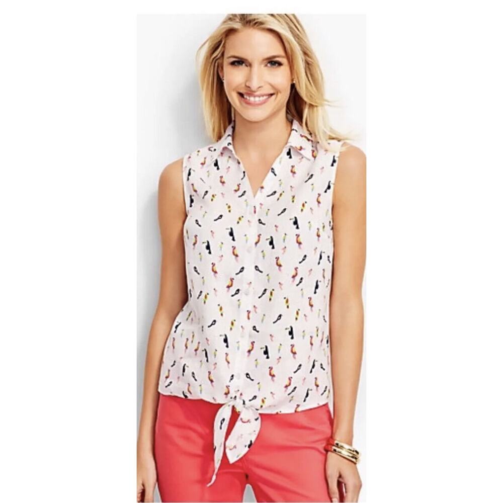 Talbots Linen Top Medium Parrot Bird Print Sleeveless Tie Front‎ Collared